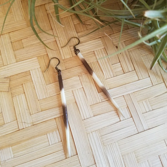 Boho African Porcupine Quill Spike Minimalist Earrings Brass Silver Gold - Picture 2 of 7